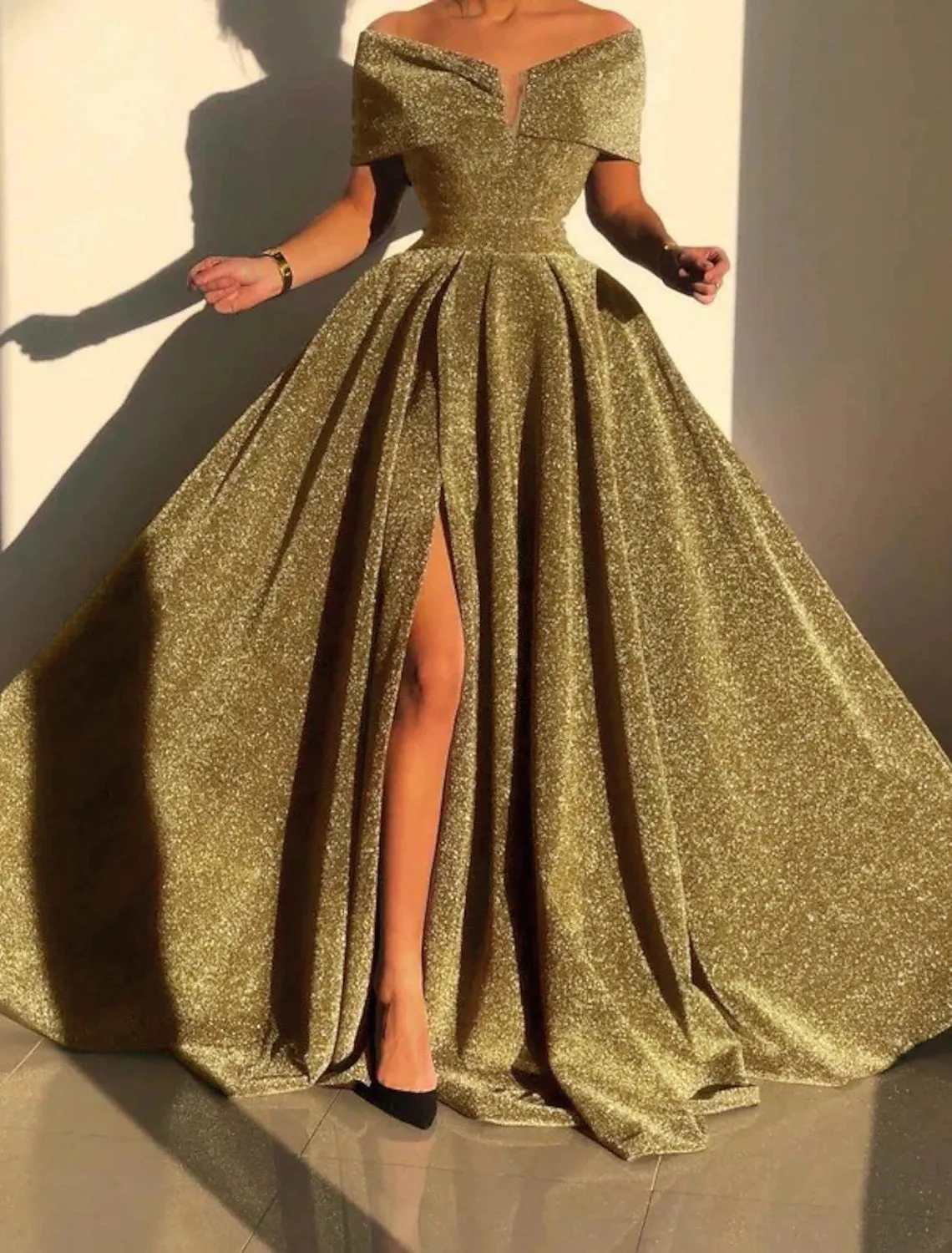 A-Line Evening Gown Sparkle &amp; Shine Fall Court Train Sleeveless Off Shoulder with Slit
